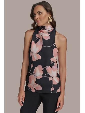 DONNA KARAN - Print High Drape Neck Top BK MLTI FLRL