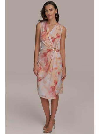 DONNA KARAN - Printed V-Neck Dress APRICOT MULTI