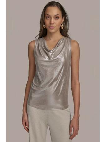 DONNA KARAN - Sleeveless Foil Cowl Neck Top LATTE/SILVER