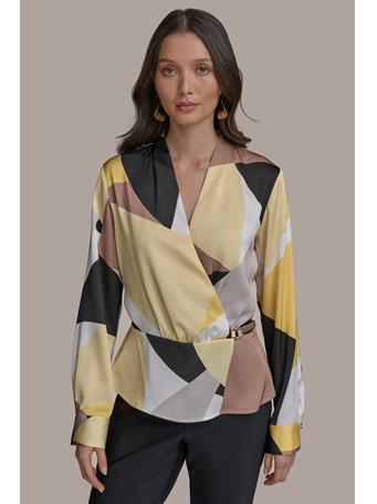 DONNA KARAN - Part Long Sleeve Faux Wrap with Hardware PANA COTTA MLT