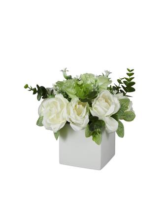 UMA HOME DECOR - White Fabric Indoor Outdoor Artificial Flower/Green Leaves and Square Ceramic Vase WHITE