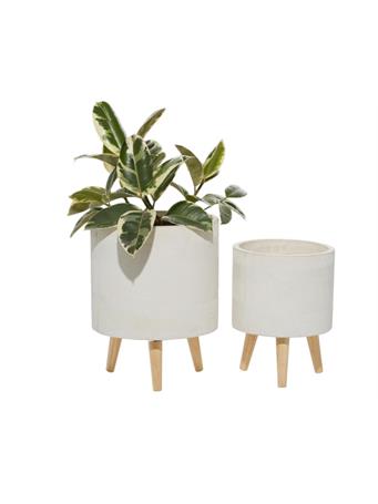 UMA HOME DECOR - White Magnesium Oxide Indoor Outdoor Planter with Wood Tripod Legs, Set of 2 WHITE