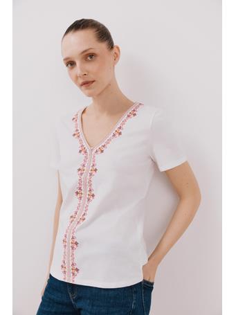 TENDAM - Embroidered V-Neck T-Shirt WHITE