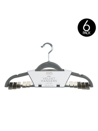 KENNEDY INTERNATIONAL - Velvet Hangers with Clips - 6 Pack GREY
