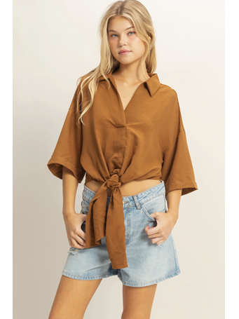HYFVE - Tie Front Collard Shirt CAMEL
