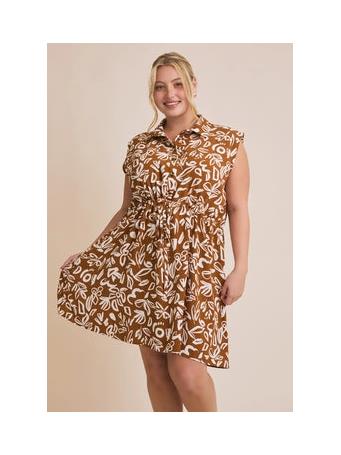 GILLI CLOTHING - Collared Button Down Sleeveless Waist Tie Mini Dress CAMEL/IVORY ABSTRACT