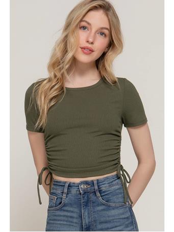 ACTIVE BASIC - Short Sleeve Side Ruched Detail Rib Knit Top OLIVE