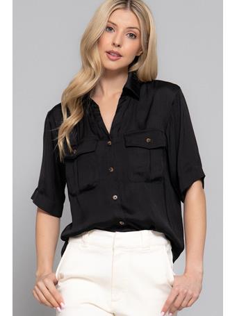 ACTIVE BASIC - Short Sleeve Washed Dull Satin Shirt BLACK