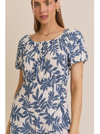 GILLI CLOTHING - Puff Sleeve Square Neck Dress with Ruffle CREAM-BLUE TROPICAL