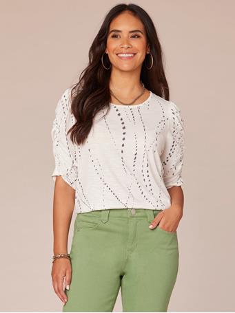 DEMOCRACY - Ruched Elbow Sleeve Scoop Neck Dot Print Knit Top OFF WHT/BLK