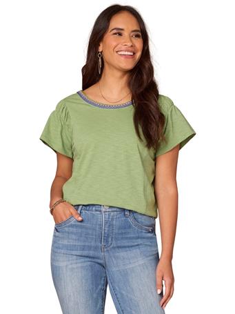 DEMOCRACY - Short Flutter Sleeve Scoop Crochet Neck Knit Top with Ruched Armholes GREEN TEA