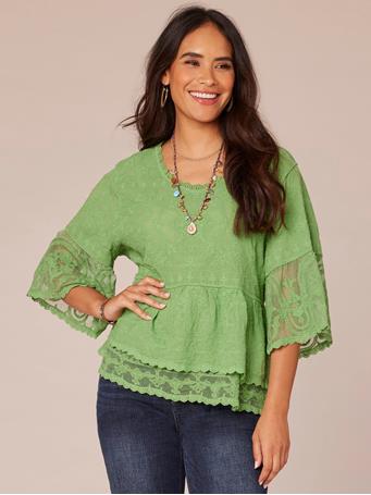 DEMOCRACY - Three Quarter Bell Sleeve Scoop Neck Double Flounce Hem Woven Top GREEN TEA