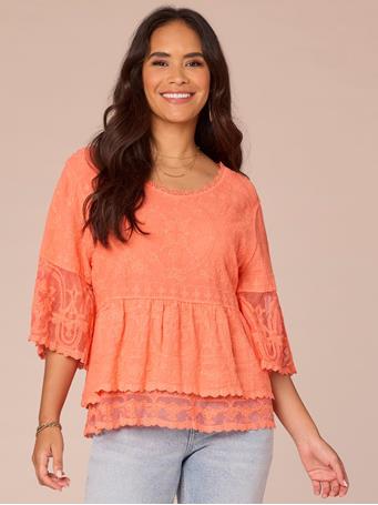 DEMOCRACY - Three Quarter Bell Sleeve Scoop Neck Double Flounce Hem Woven Top NECTARINE