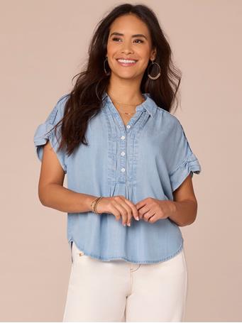 DEMOCRACY - Extended Short Sleeve Collared Button Down Pleated Placket Woven Shirt LIGHT BLUE