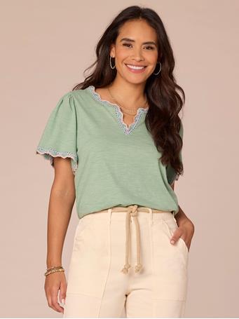 DEMOCRACY - Short Bell Sleeve Scallop Crochet Split V-Neck Surplus Hem Knit Top VINTAGE JADE