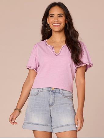 DEMOCRACY - Short Bell Sleeve Scallop Crochet Split V-Neck Surplus Hem Knit Top SUGAR PLUM