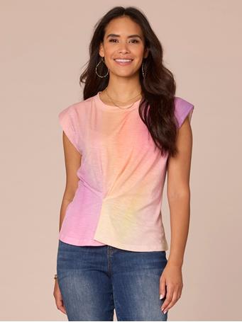 DEMOCRACY - Extended Cap Sleeve Crew Neck Side Pleated Placement Print Knit Top SUGAR PLUM MULTI