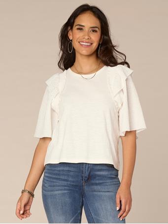 DEMOCRACY - Smock Short Sleeve Ruffle Shoulder Round Neck Mixed Media Top OFF WHITE