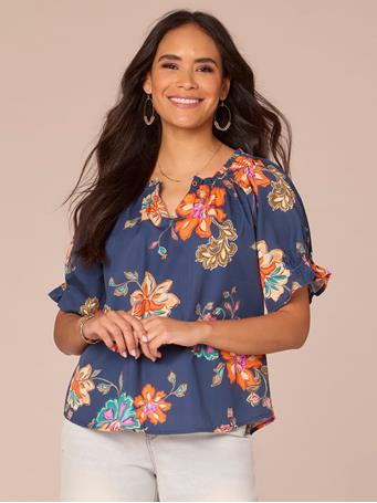 DEMOCRACY - Short Half Smock Sleeve Round Neck Floral Print Woven Top NAVY MULTI