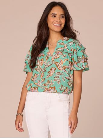 DEMOCRACY - Triple Flounce Sleeve V-Notch Stitched Yoke Neck Printed Woven Top MARINE GREEN MULTI