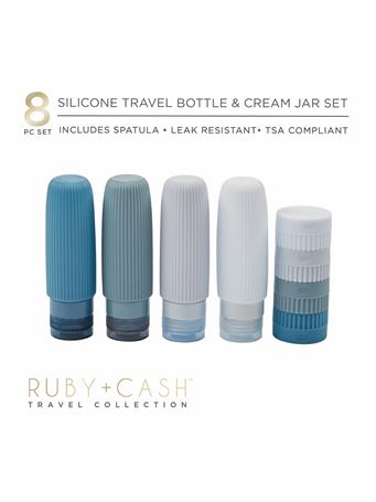 KENNEDY INTERNATIONAL - 8 Piece Silicone Travel Bottle & Cream Jar Set BLUE