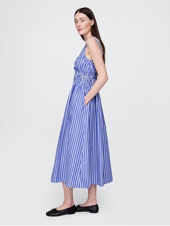 GAP - Poplin Smocked Midi Dress BLUE STRIPE