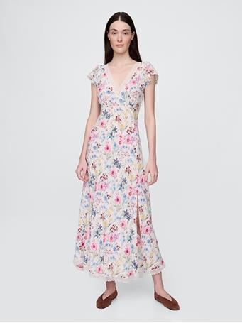 GAP - Crepe Lace-Trim V-Neck Maxi Dress PINK BLOSSOM