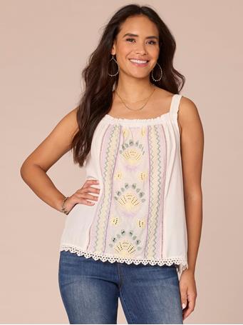DEMOCRACY - Wide Strap Ruched Square Neck Embroidered Scallop Edge Woven Tank Top OFF WHITE MULTI