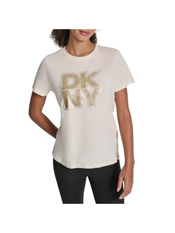 DKNY - Mixed Metal Stacked Glitter Logo Short Sleeve T-Shirt EGG NOG