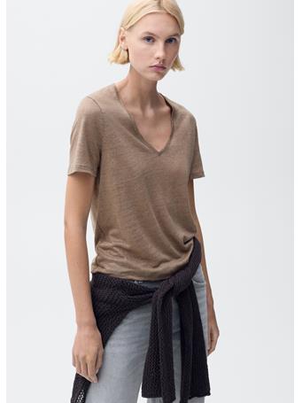 MANGO - V-neck Linen T-shirt MEDIUM BROWN
