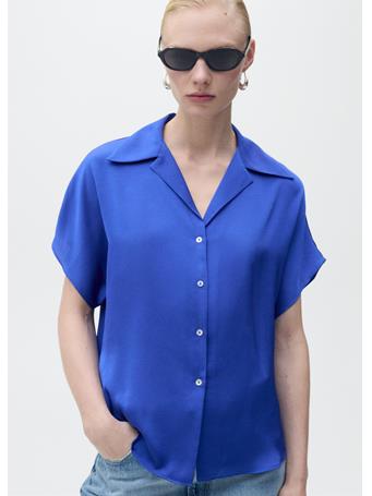 MANGO - Short-sleeved Satin Shirt MEDIUM BLUE