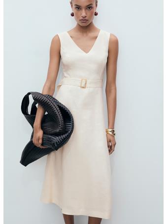 MANGO - Belt Linen Dress LIGHT BEIGE