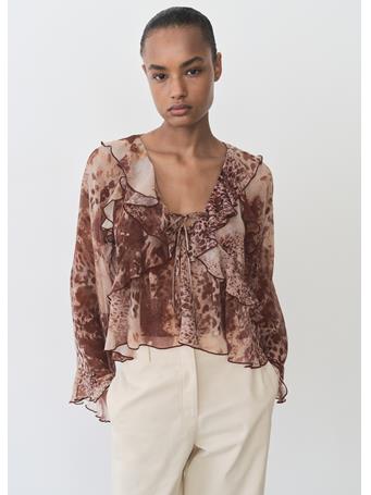 MANGO - Printed Blouse With Ruffles And Bow Detail DARK BROWN