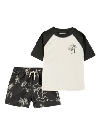 CARTER'S - 2-Piece Palm Rashguard & Swim Trunks WHITE/BLK