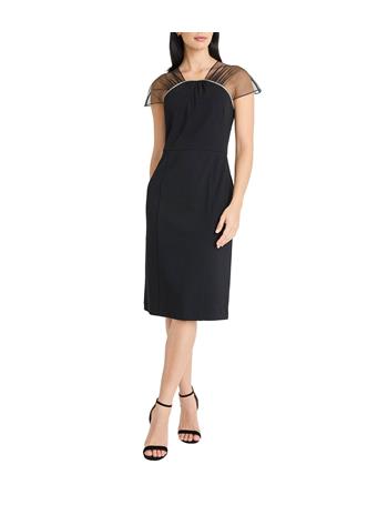 MAGGY LONDON - Scuba Crepe Mesh Illusion Neck Beaded Neckline Sheath Midi Dress BLACK