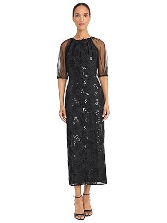 MAGGY LONDON - Sequined Lace Midi Sheer Bishop Sleeves-Womens Cocktail Dress BLACK