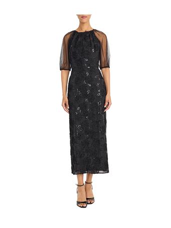MAGGY LONDON - Organza Sequin Puff Short Sleeve Midi Dress BLACK