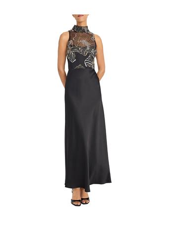MAGGY LONDON - Satin Embroidered Mock Neck Sleeveless Gown BLK/CHAMPAGNE