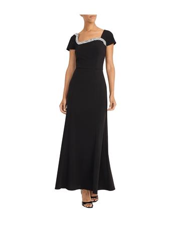 MAGGY LONDON - Scuba Crepe Asymmetrical Embellished Neck Gown BLACK