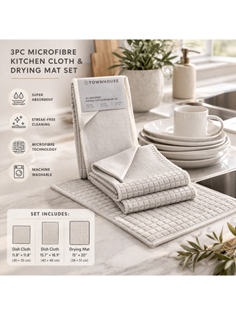 TOWN HOUSE - 3 Piece Drying Mat And Cloth Set IVORY