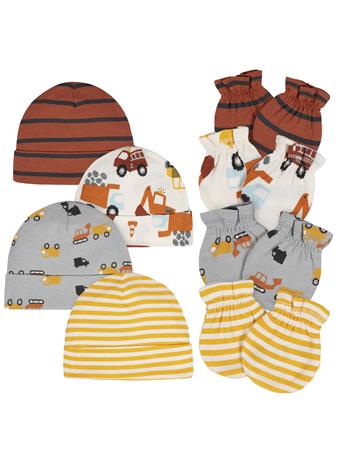 GERBER CHILDRENSWEAR - 8-Piece Baby Boys Transportation Zone No Scratch Mittens & Cap Set MULTI