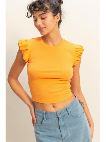 DOUBLE ZERO - Flutter Sleeve Round Neck Top ORANGE