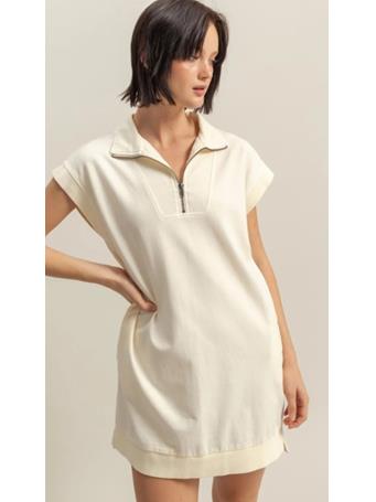 DOUBLE ZERO - Mock Neck 1/4 Zip Sweatshirt Dress CREAM