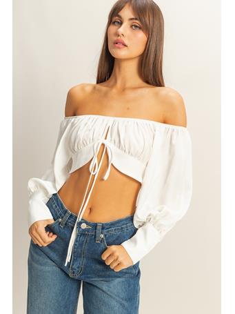 HYFIVE - Off The Shoulder Satin Crop Top WHITE