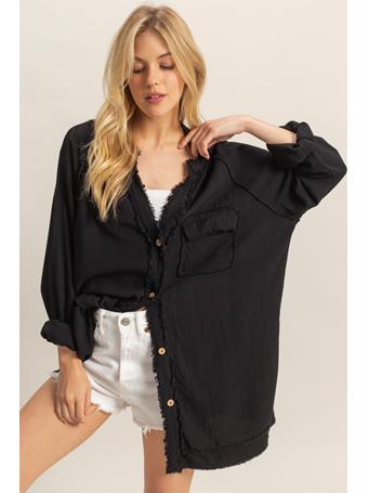 HYFIVE - Double Gauze Raw Edge V Neck Tunic Top BLACK