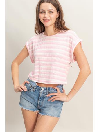 HYFIVE - Striped Short Sleeve Crop Knit Top PINK