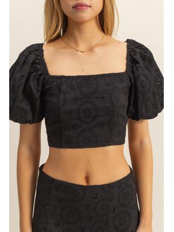 HYFIVE - Eyelet Puff Sleeve Top and Skirt Set BLACK