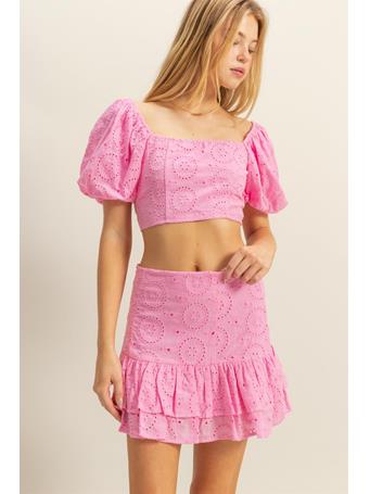 HYFIVE - Eyelet Puff Sleeve Top and Skirt Set PINK