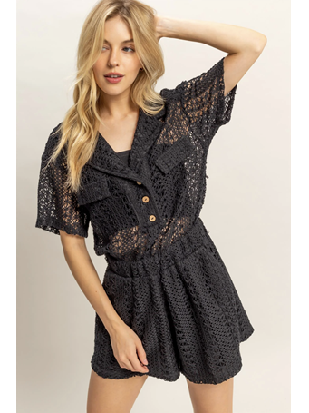 HYFVE - Crochet Knit Collard Romper BLACK