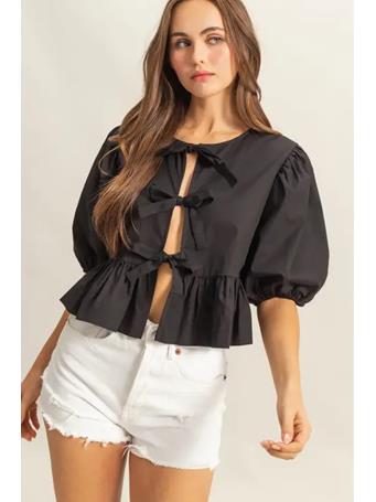 HYFVE - 3 Ties Puff Sleeve Peplum Top BLACK
